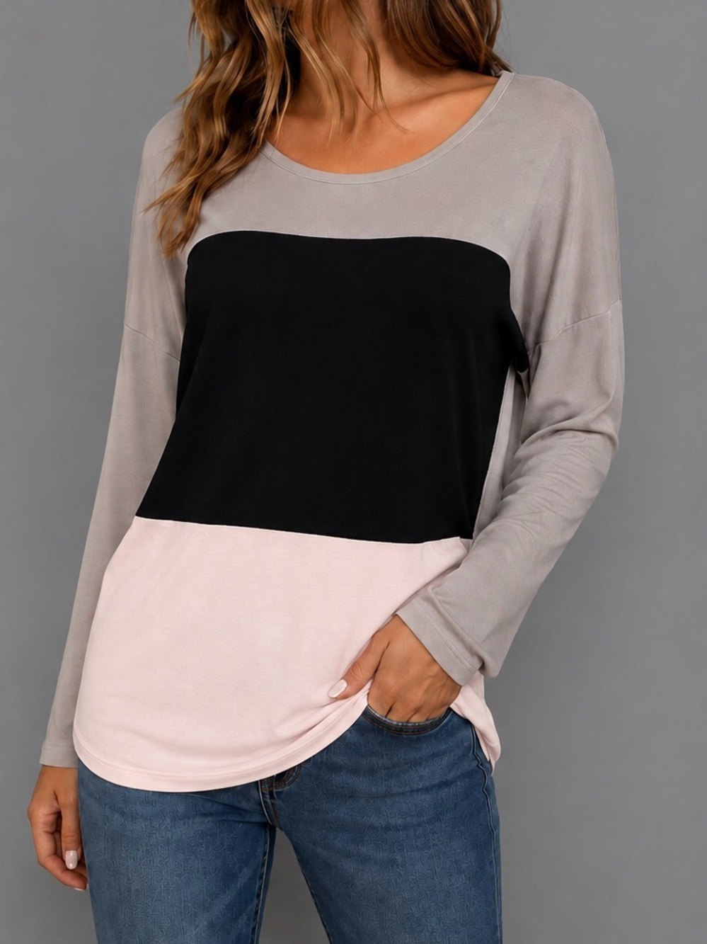 Ocasion Colorblock Long Sleeve Top in Black, Tan, Pale Pink